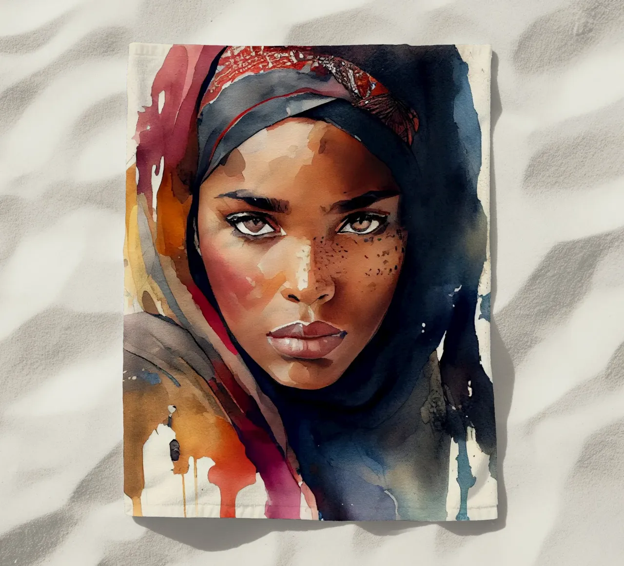 Acquerello Donna Tuareg telo mare da Chromatic Fusion Studio