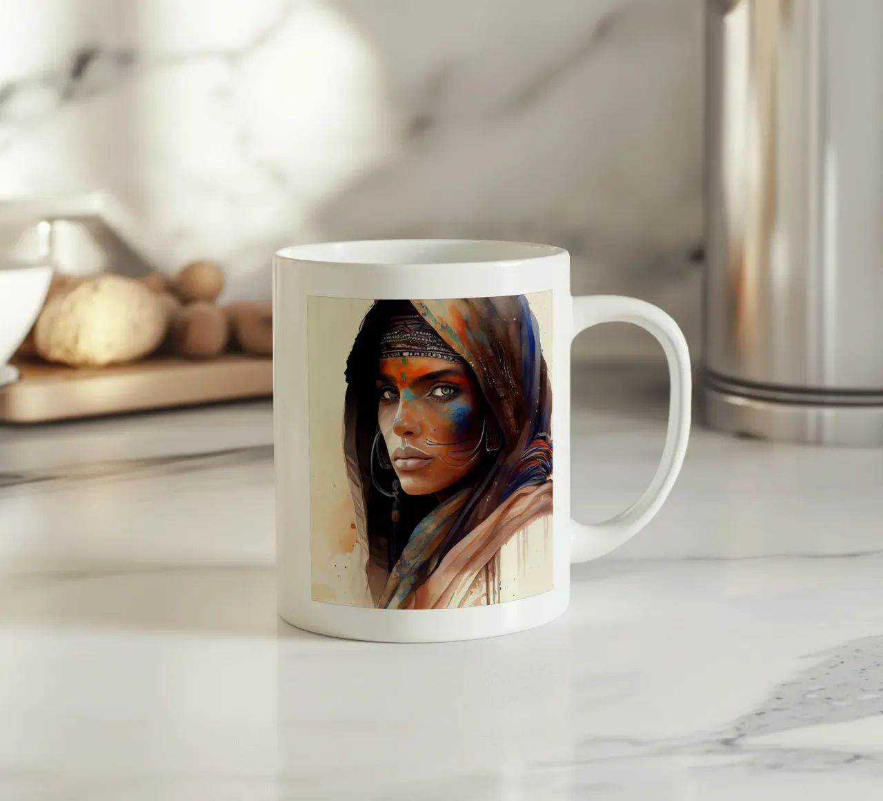 Acquerello Donna Tuareg tazza in ceramica da Chromatic Fusion Studio