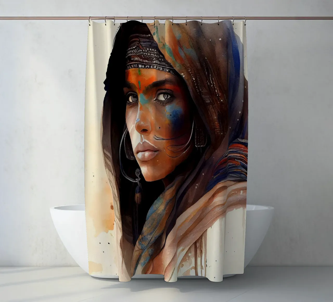 Watercolor Tuareg Woman shower curtain by Chromatic Fusion Studio