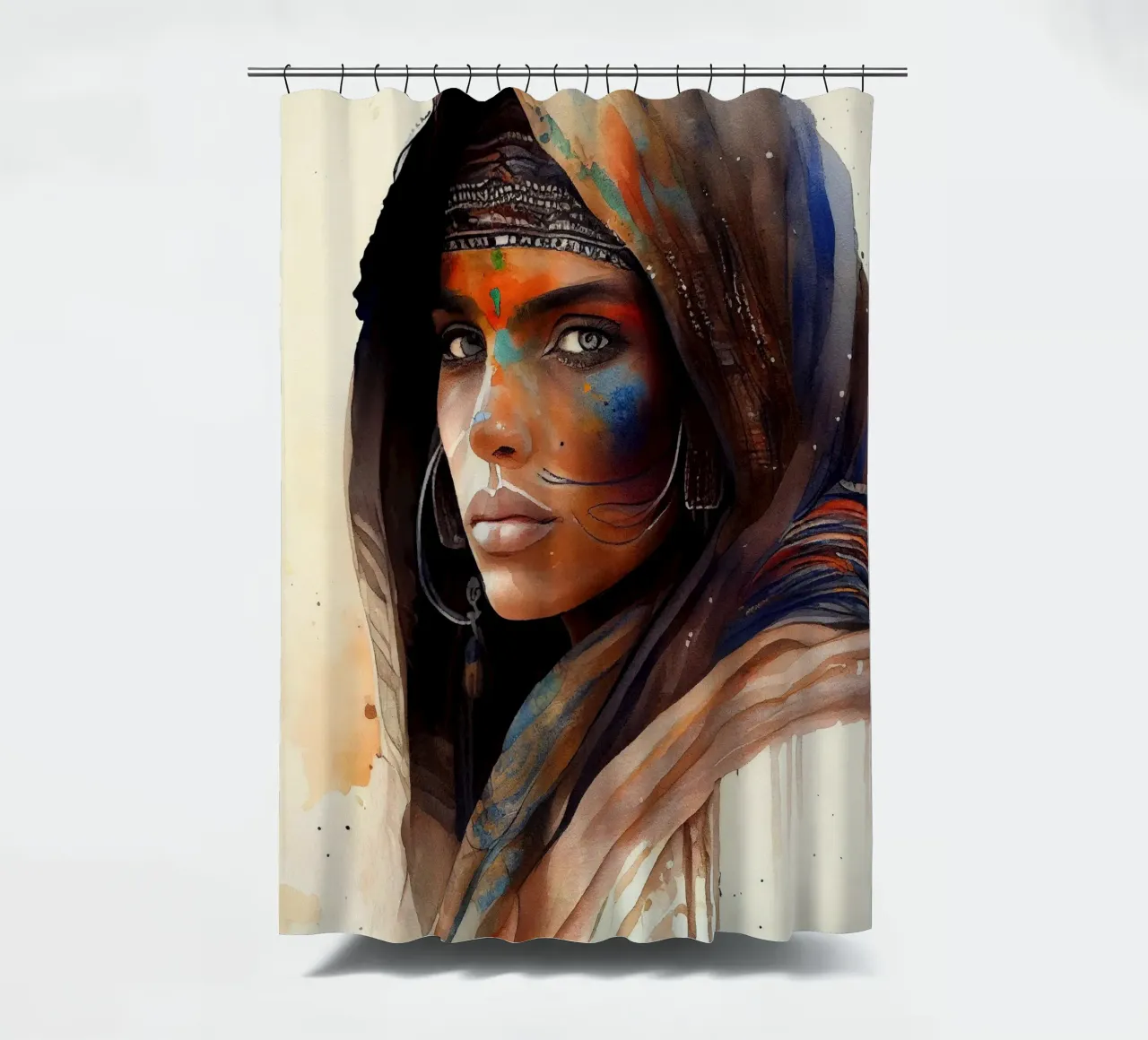 Watercolor Tuareg Woman shower curtain by Chromatic Fusion Studio