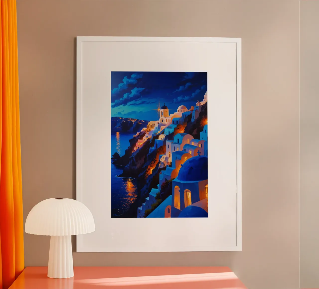 Santorini’s Twinkling Nightscape poster con telaio in alluminio da AlbertKlee