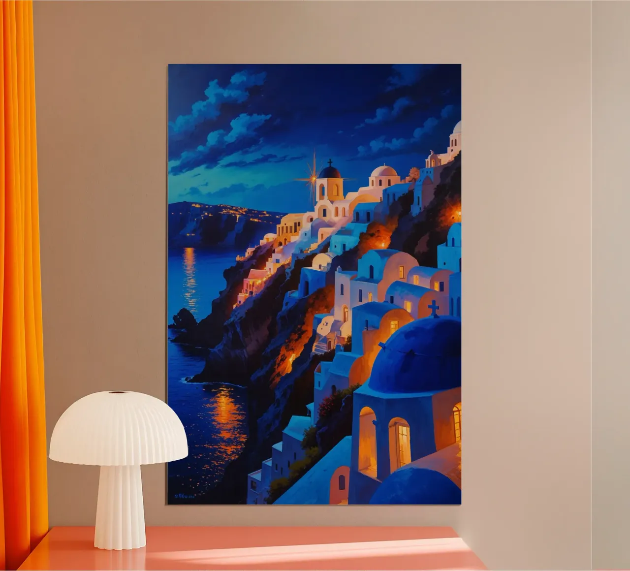Santorini’s Twinkling Nightscape poster con telaio in alluminio da AlbertKlee