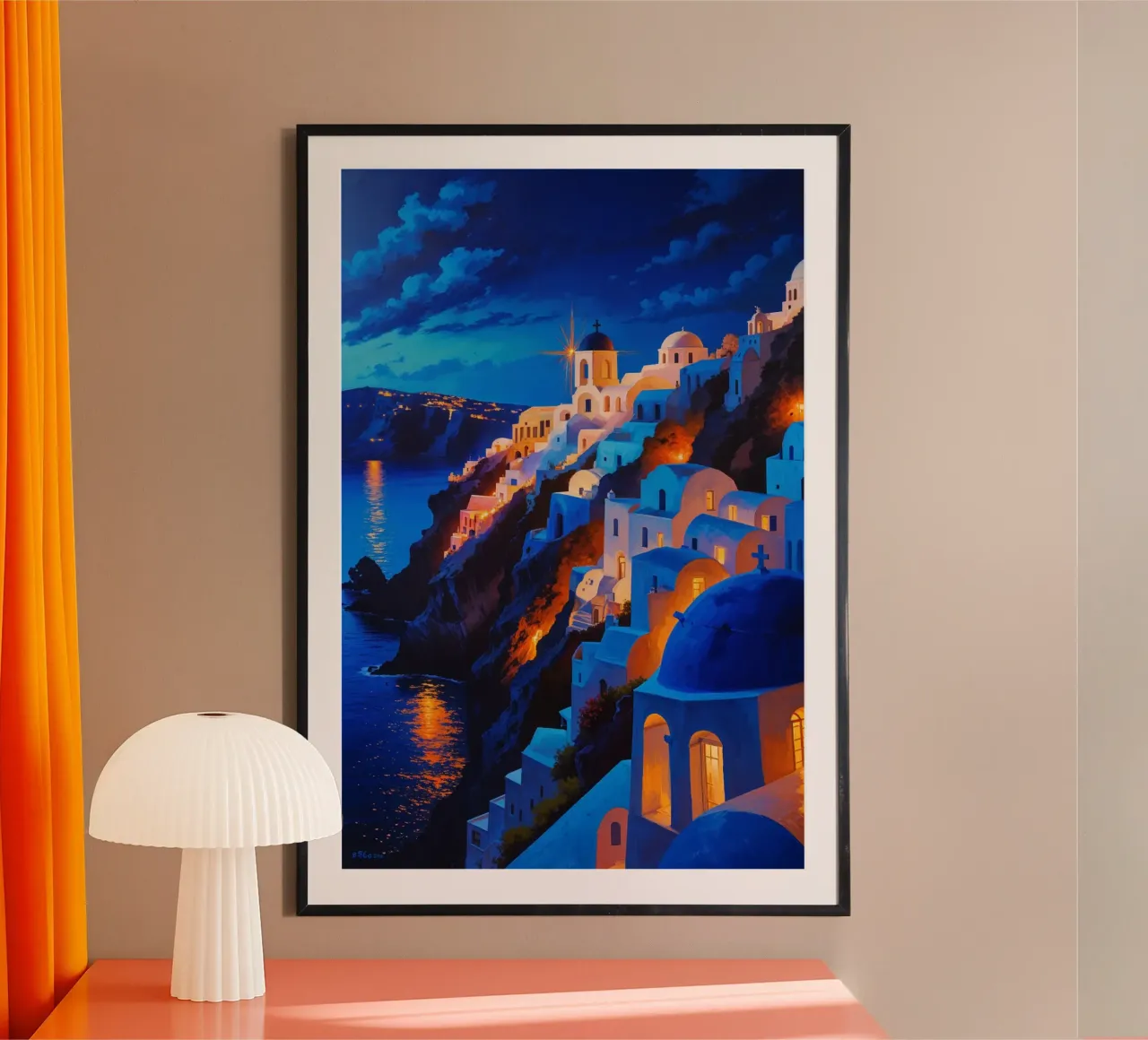 Santorini’s Twinkling Nightscape poster con telaio in alluminio da AlbertKlee