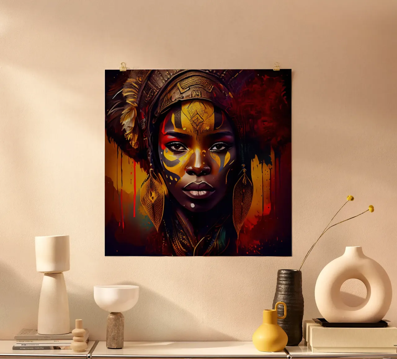 Poderosa mujer guerrera africana poster con marco de madera de Chromatic Fusion Studio