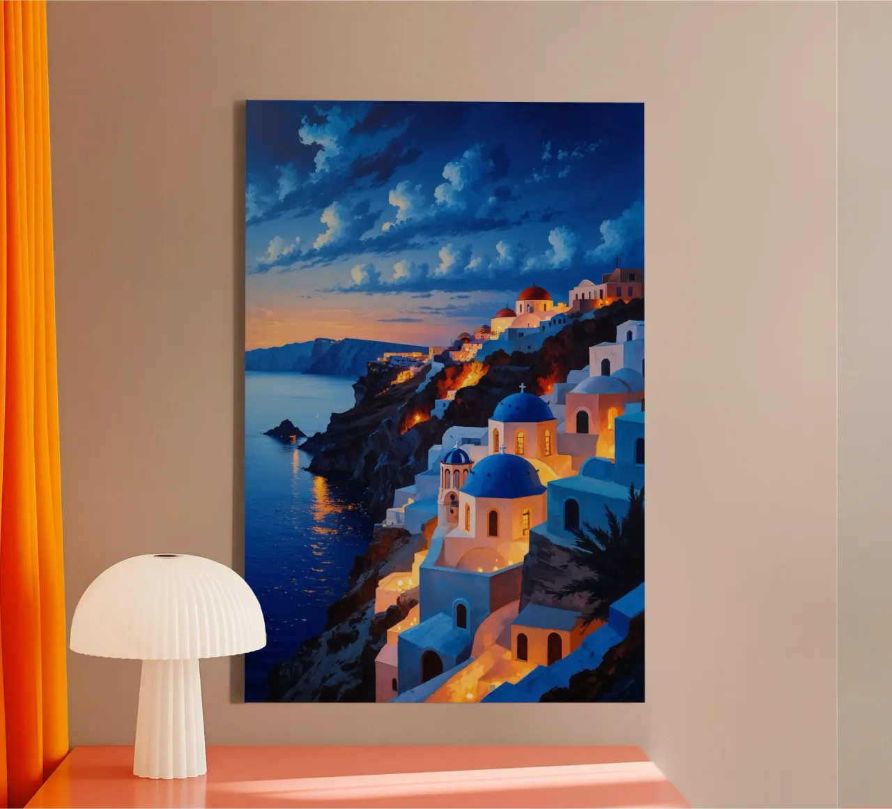 Twilight Glow Over Santorini's Clifftop Architecture Leinwand von AlbertKlee