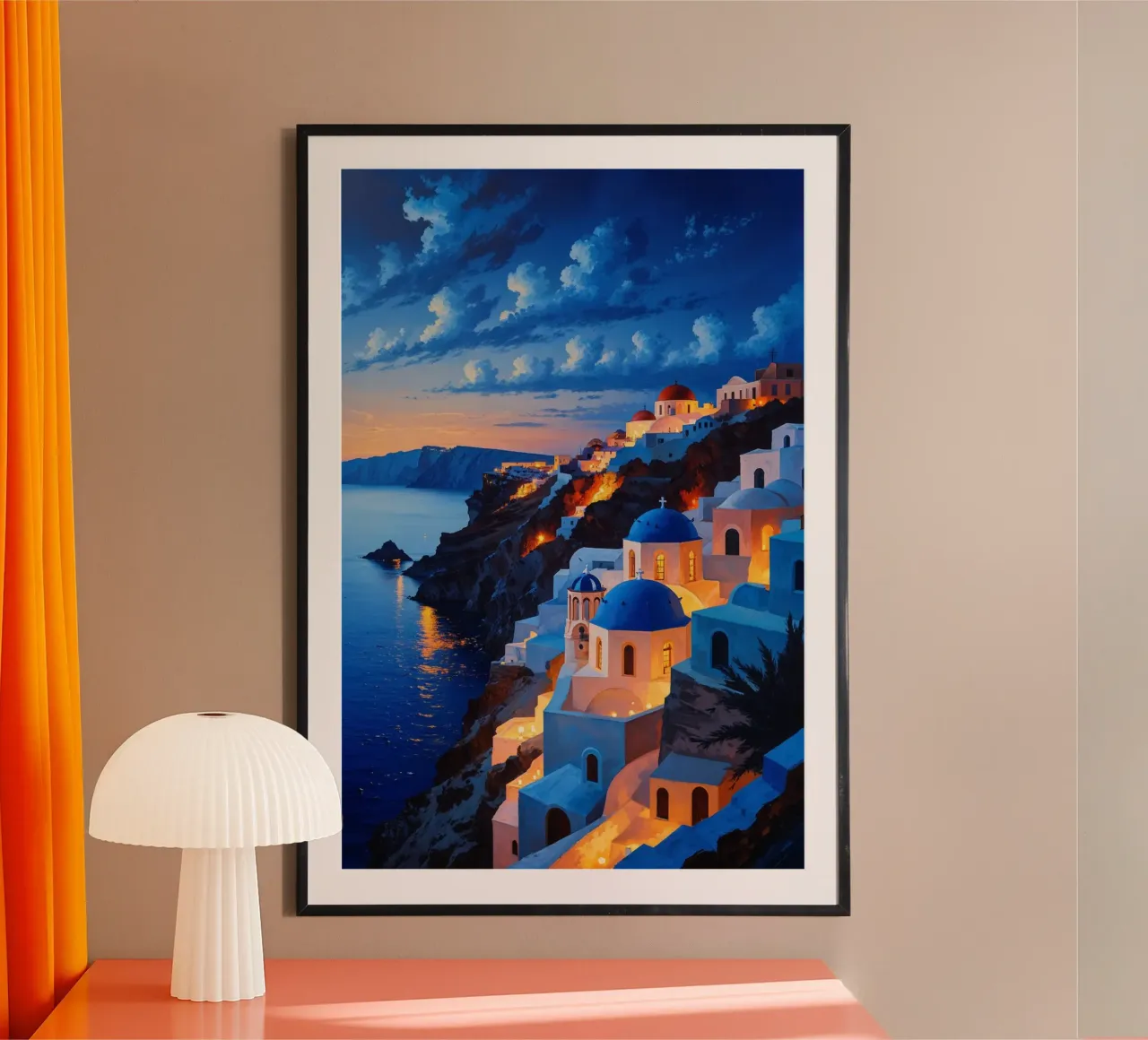Twilight Glow Over Santorini's Clifftop Architecture poster van AlbertKlee