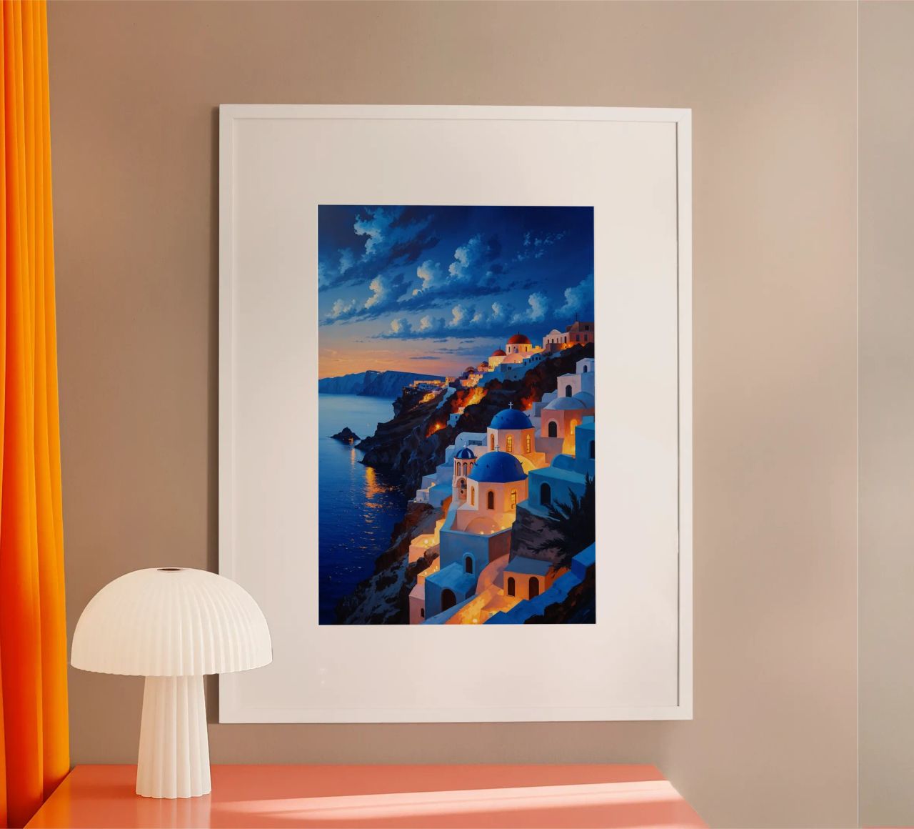 Twilight Glow Over Santorini's Clifftop Architecture poster da AlbertKlee