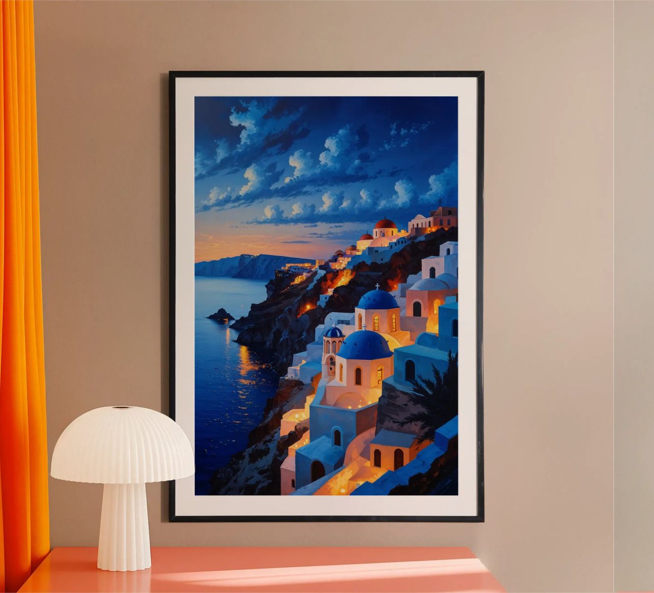 Twilight Glow Over Santorini's Clifftop Architecture poster da AlbertKlee