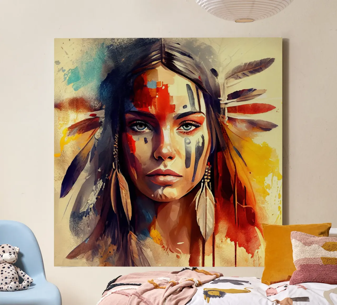 Krachtige Amerikaanse inheemse vrouw canvas met Baklijst van Chromatic Fusion Studio