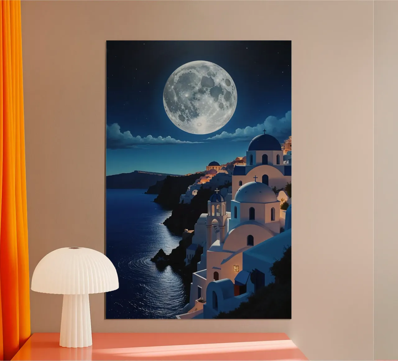 Majestic Santorini Night - Moonlit Views poster con telaio in legno da AlbertKlee