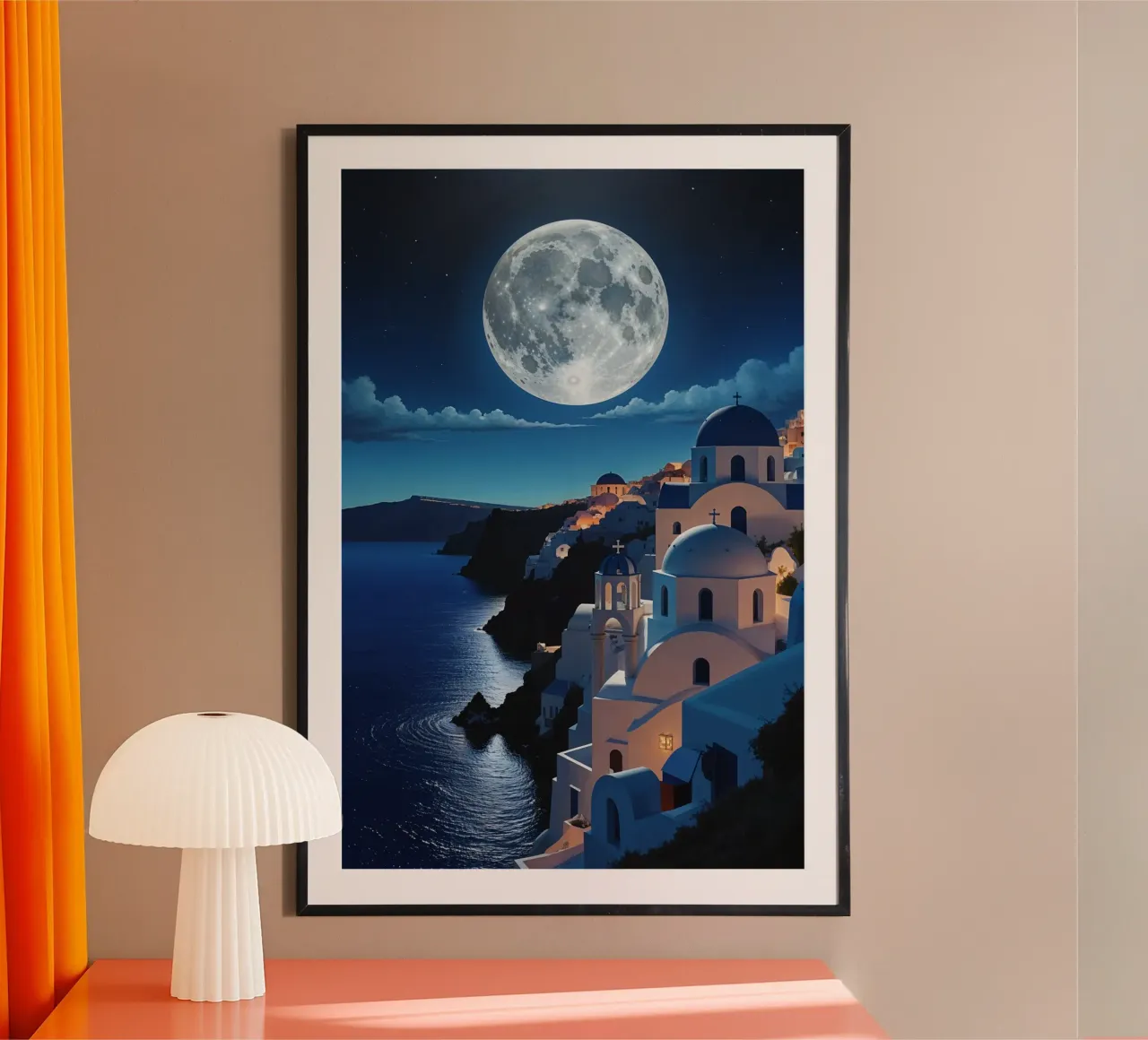 Majestic Santorini Night - Moonlit Views poster con telaio in legno da AlbertKlee