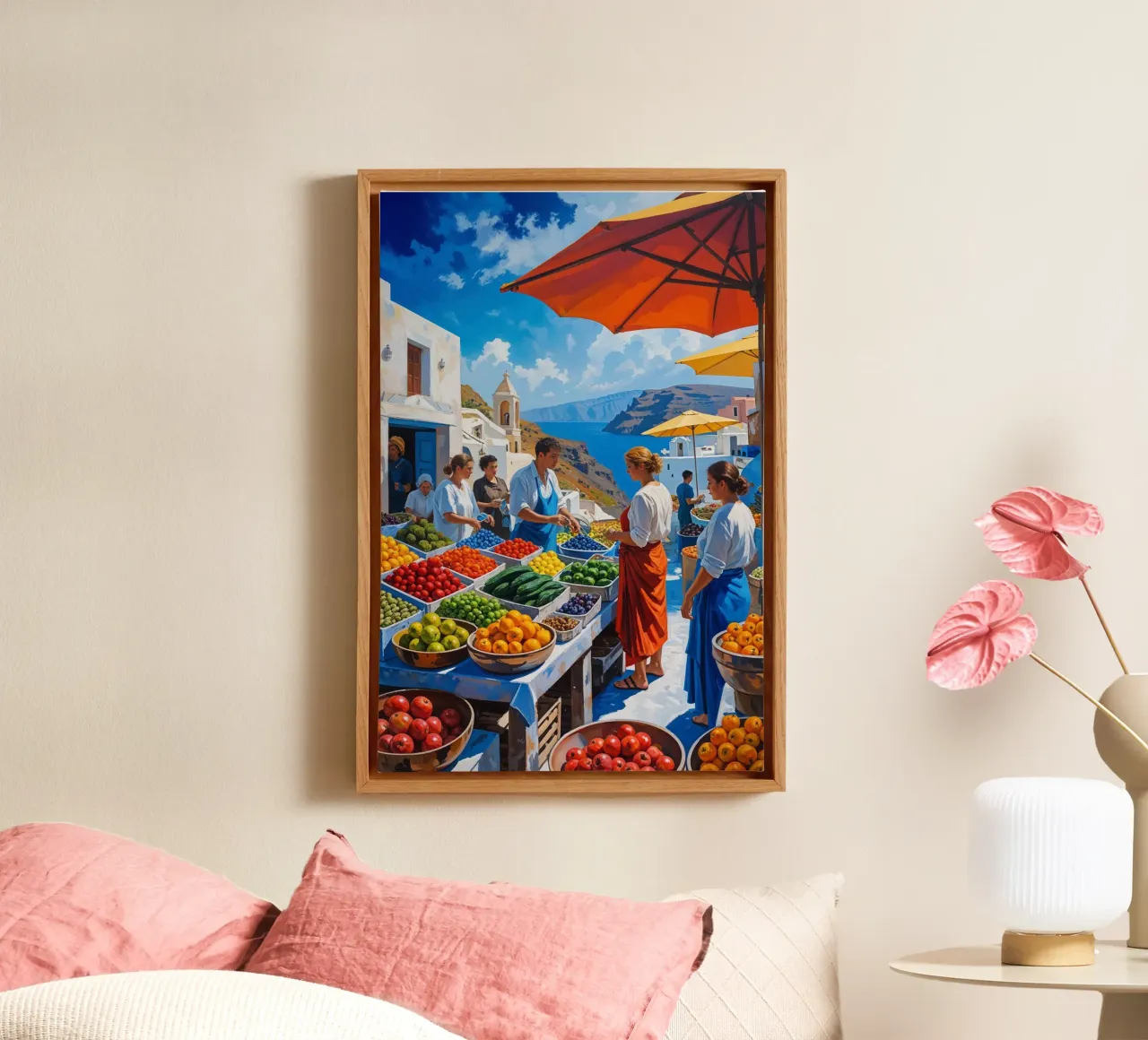 Bustling Market of Fira Overlooking the Caldera canvas met Baklijst van AlbertKlee