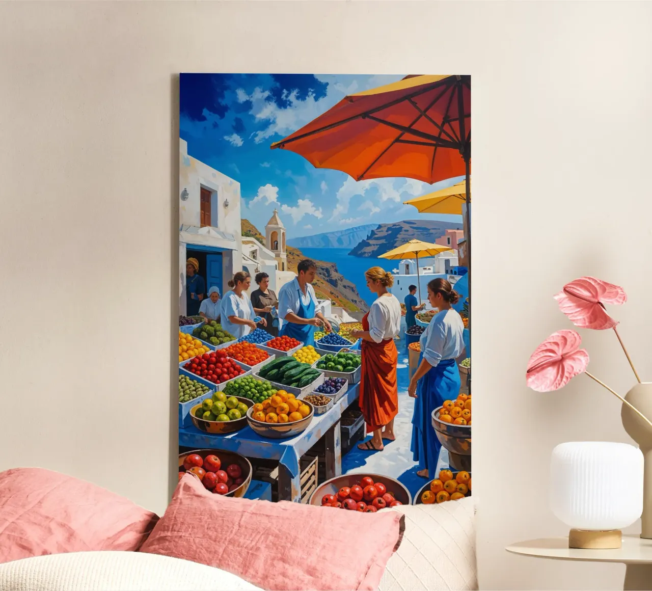 Bustling Market of Fira Overlooking the Caldera canvas met Baklijst van AlbertKlee
