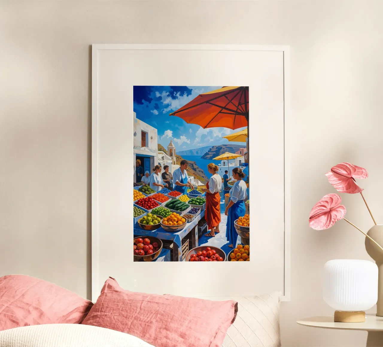 Bustling Market of Fira Overlooking the Caldera poster con telaio in plastica da AlbertKlee