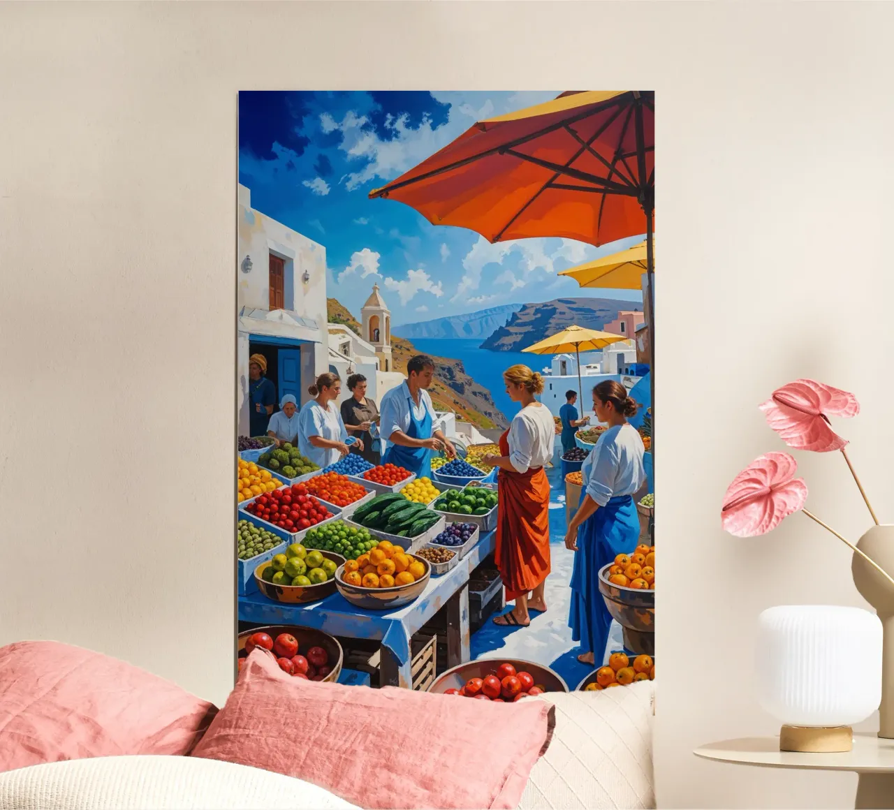Bustling Market of Fira Overlooking the Caldera poster con telaio in plastica da AlbertKlee