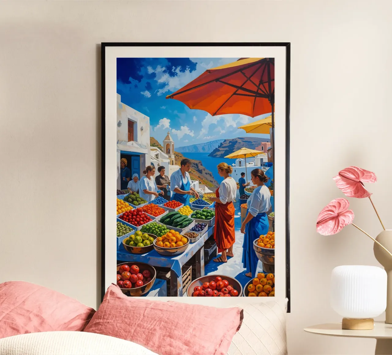 Bustling Market of Fira Overlooking the Caldera poster con telaio in plastica da AlbertKlee