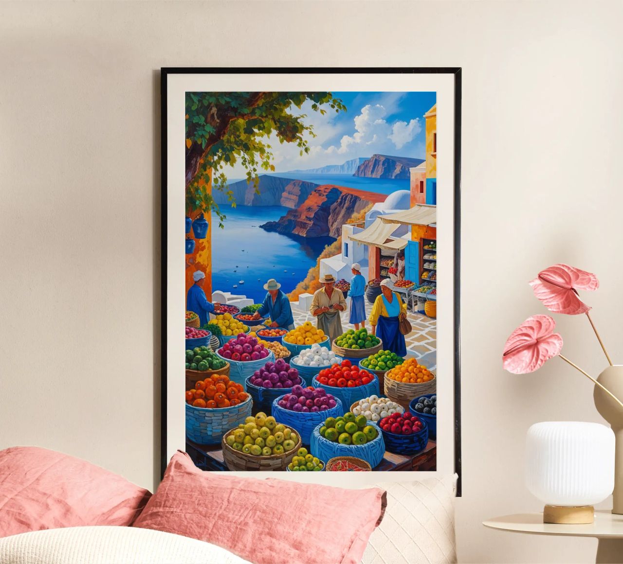 Market Baskets and Scenic Santorini Cliffs poster da AlbertKlee