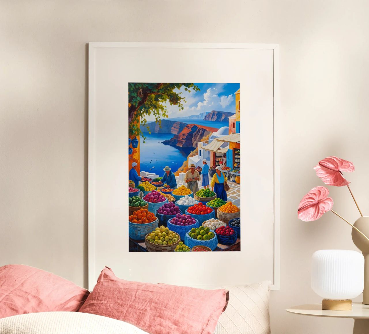 Market Baskets and Scenic Santorini Cliffs poster da AlbertKlee