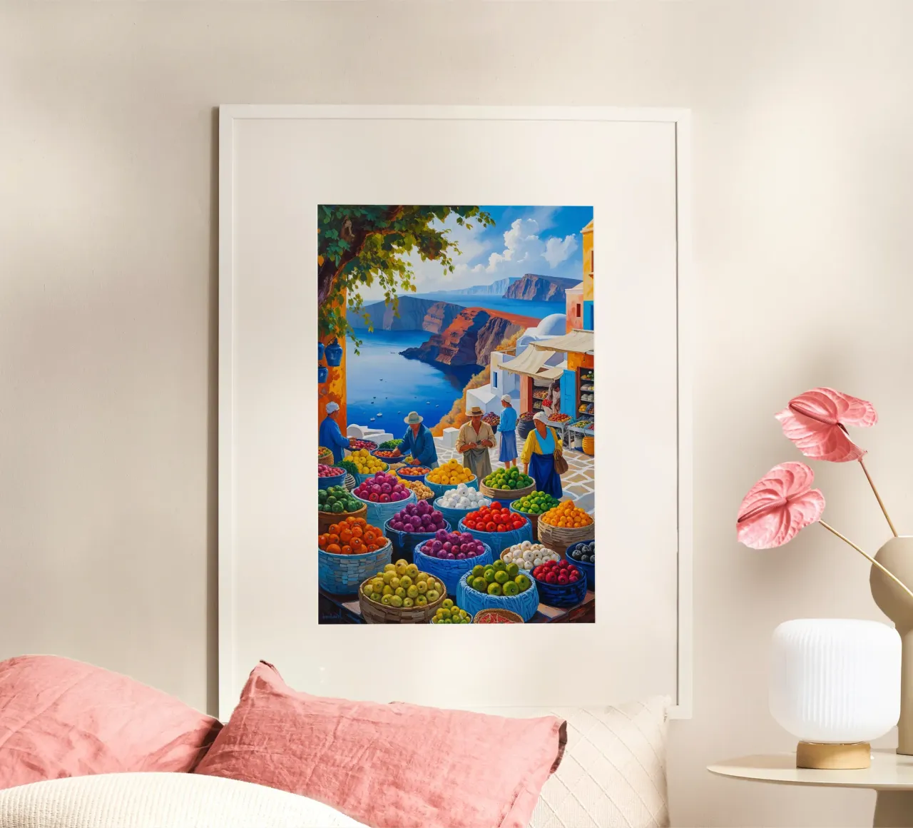 Market Baskets and Scenic Santorini Cliffs poster da AlbertKlee