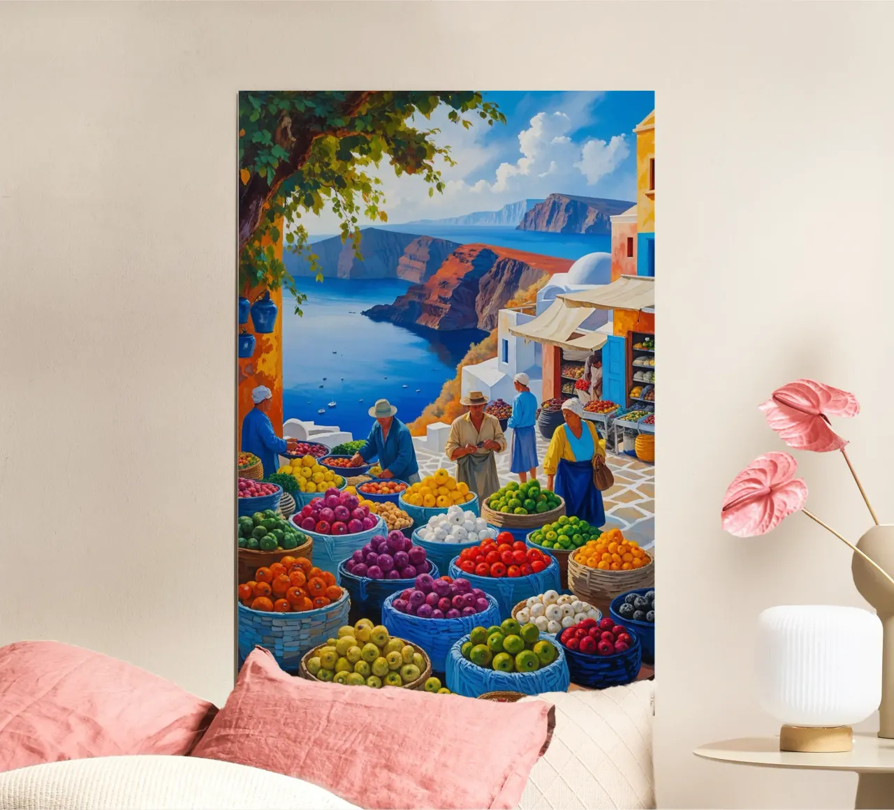 Market Baskets and Scenic Santorini Cliffs poster da AlbertKlee