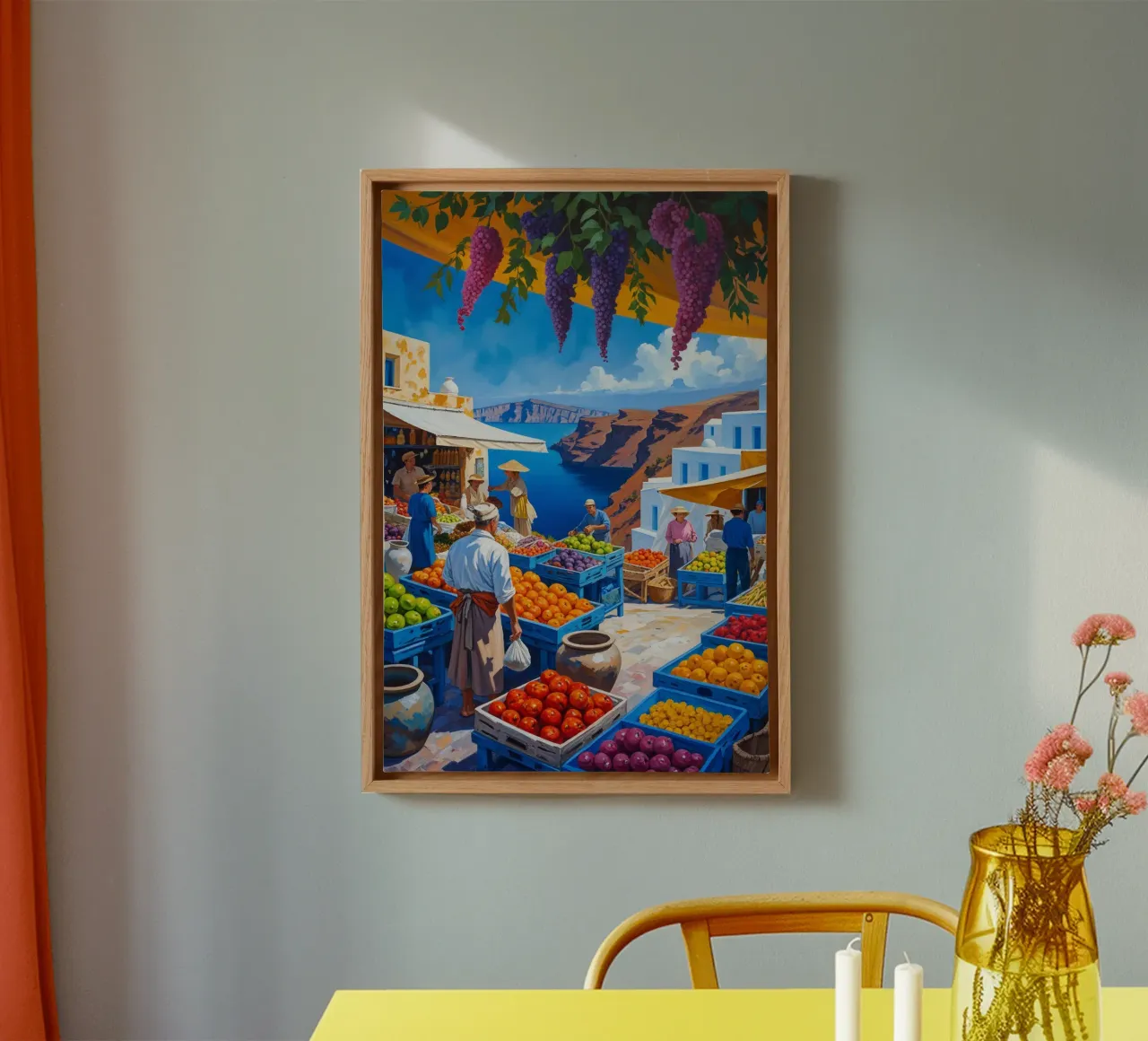 Santorini's Market with Grapevines and Aegean View canvas van AlbertKlee