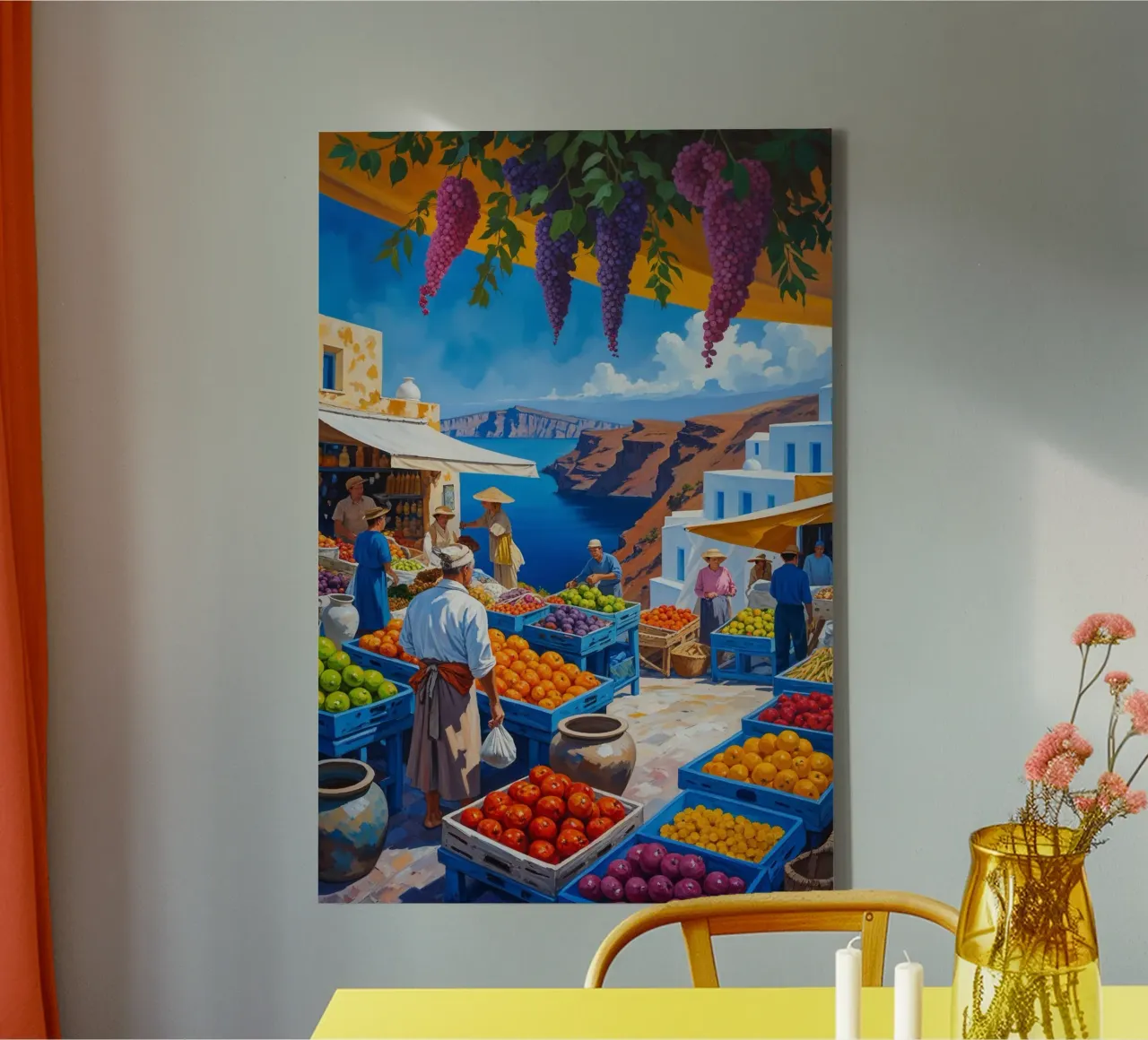 Santorini's Market with Grapevines and Aegean View canvas van AlbertKlee