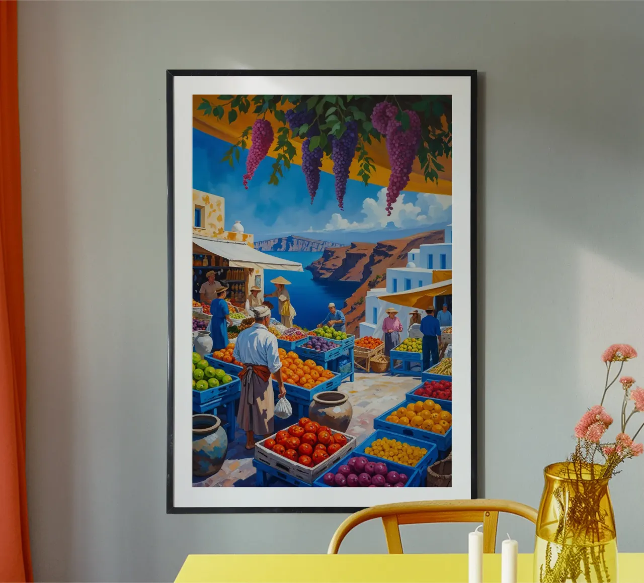 Santorini's Market with Grapevines and Aegean View poster con telaio in legno da AlbertKlee