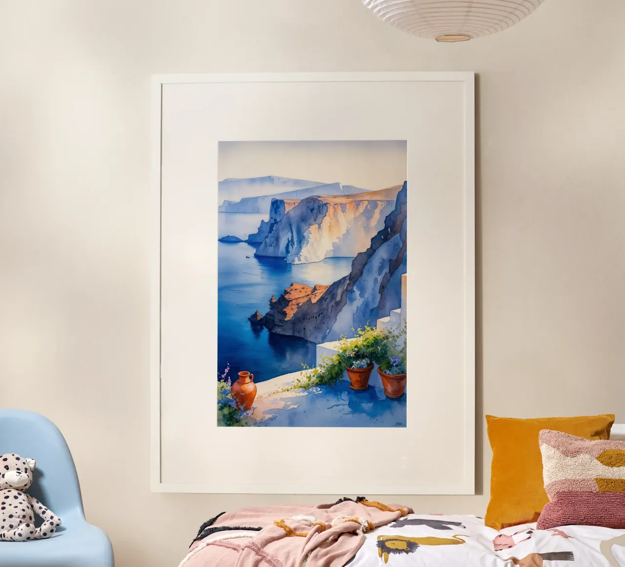 Golden Hour Over Santorini’s Cliffs poster con telaio in plastica da AlbertKlee