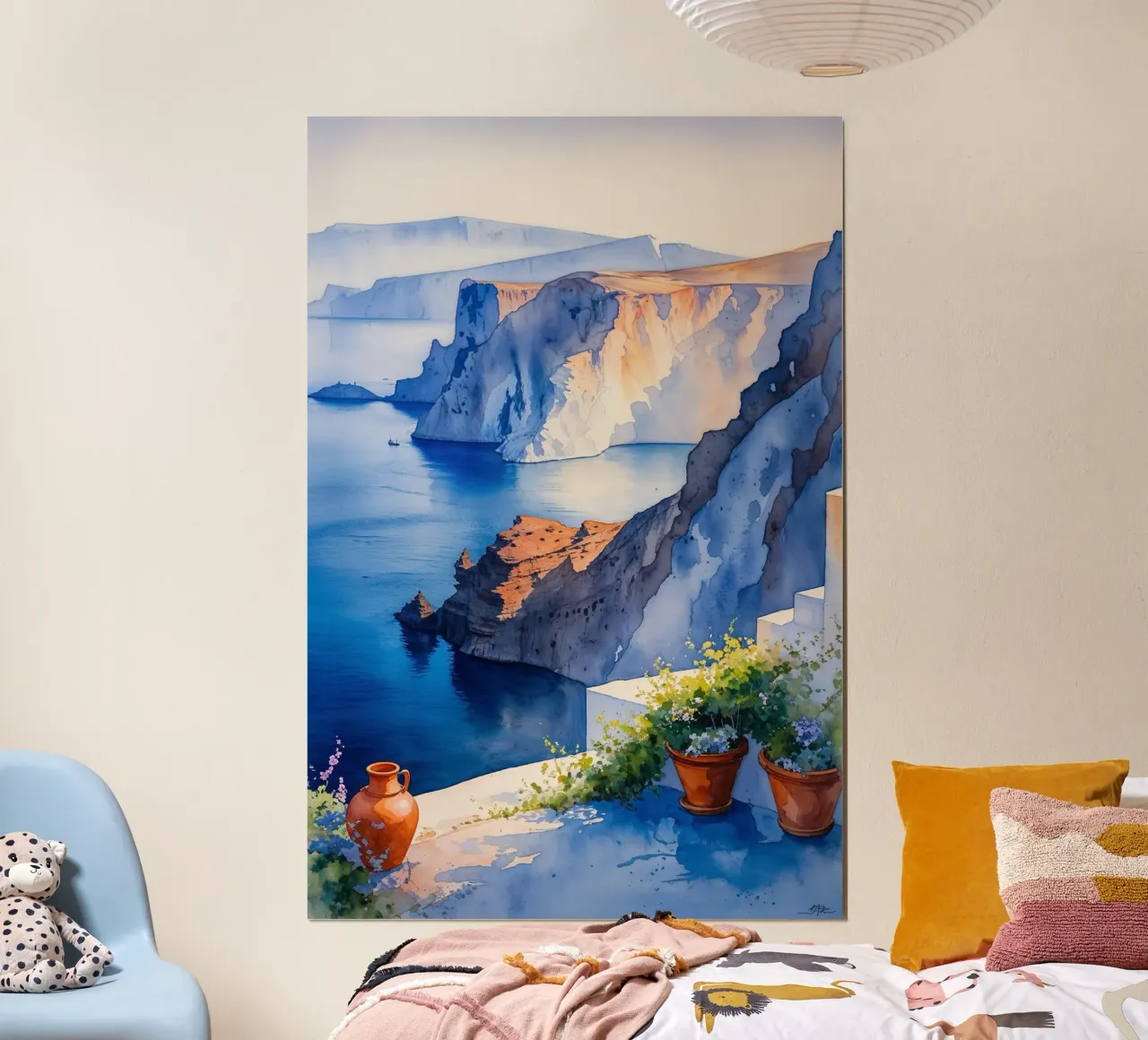 Golden Hour Over Santorini’s Cliffs poster con telaio in plastica da AlbertKlee