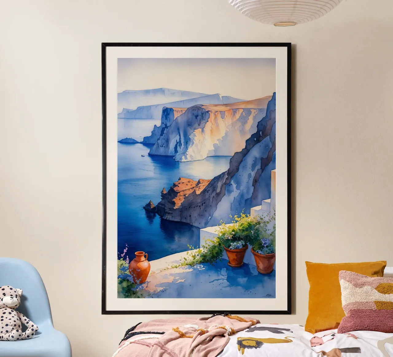 Golden Hour Over Santorini’s Cliffs poster con telaio in plastica da AlbertKlee