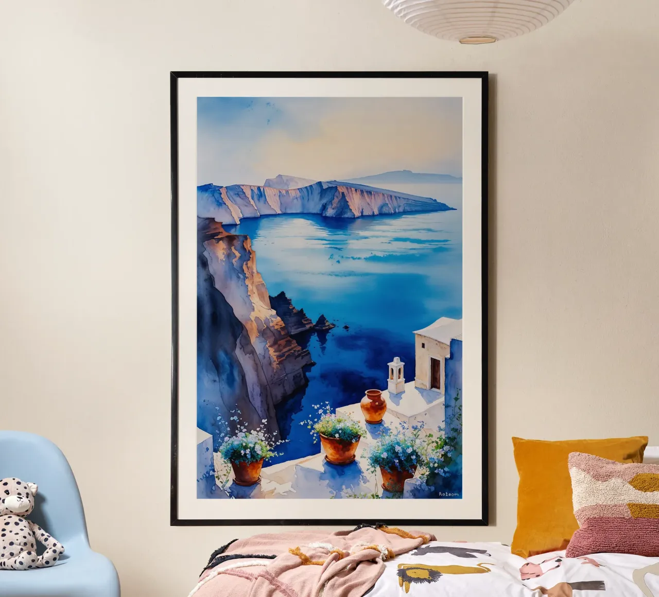 Santorini’s Cliffside Tranquility poster con telaio in plastica da AlbertKlee