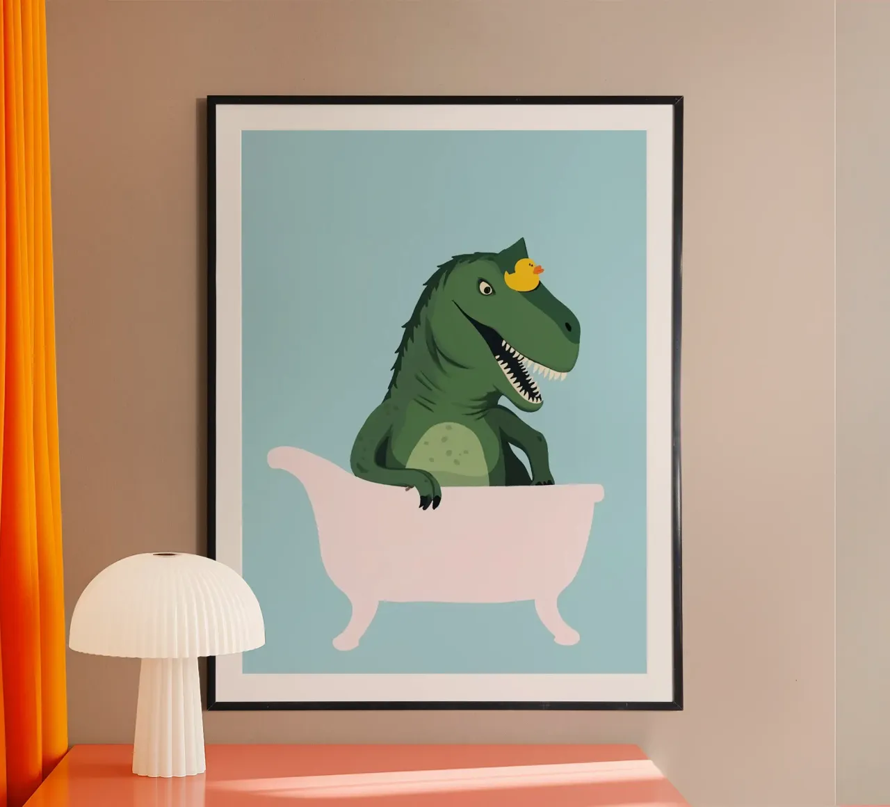 Playful T-Rex  in Bathroom poster con telaio in legno da Attaboy Dsgn