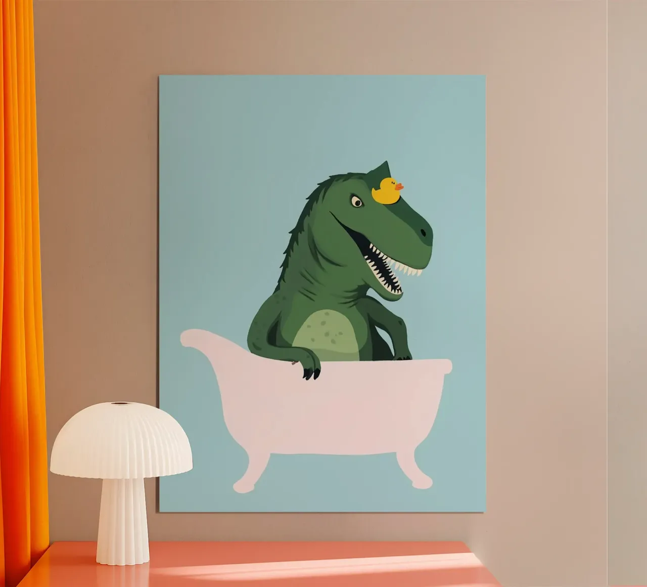 Playful T-Rex  in Bathroom poster con telaio in legno da Attaboy Dsgn
