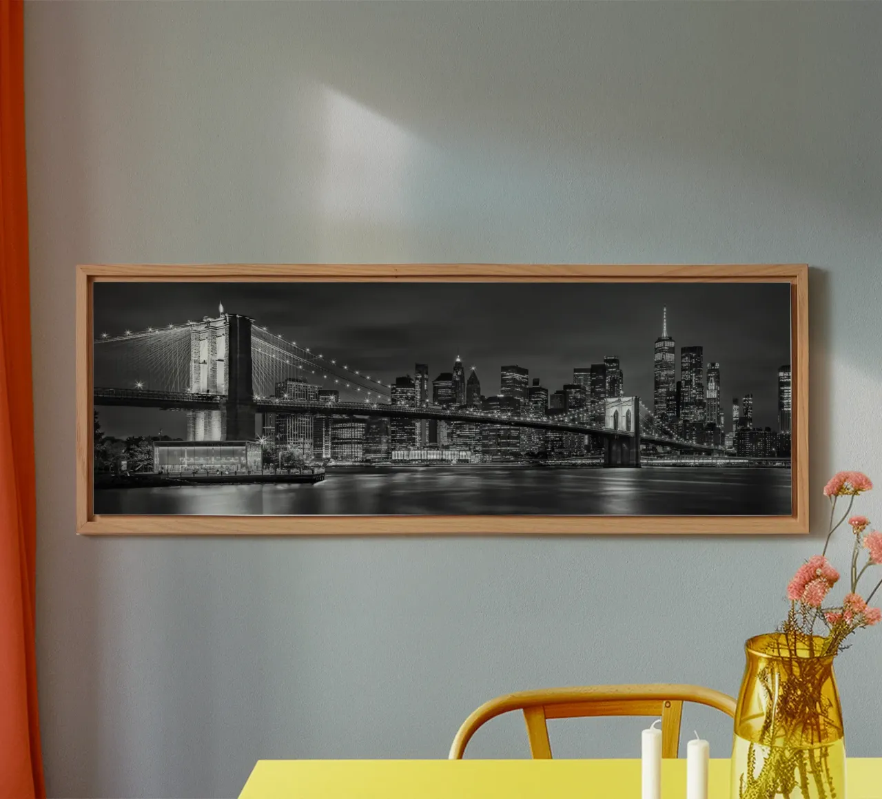 Pintoresco Puente de Brooklyn Impresión nocturna Panorama bw aluminio dibond de Melanie Viola
