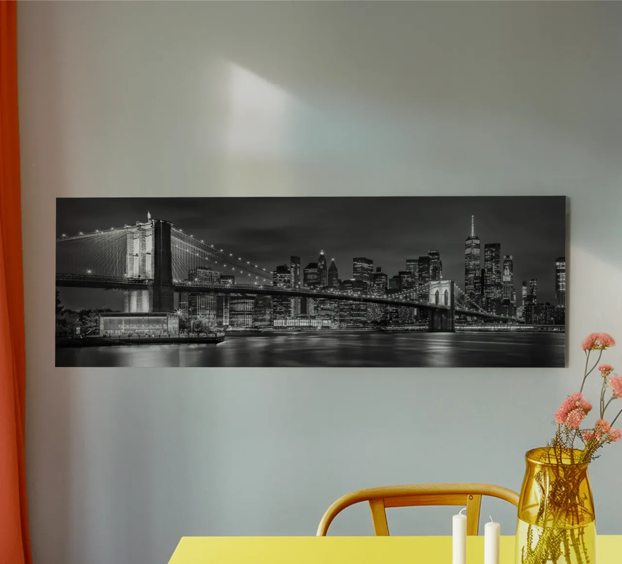 Pintoresco Puente de Brooklyn Impresión nocturna Panorama bw aluminio dibond de Melanie Viola