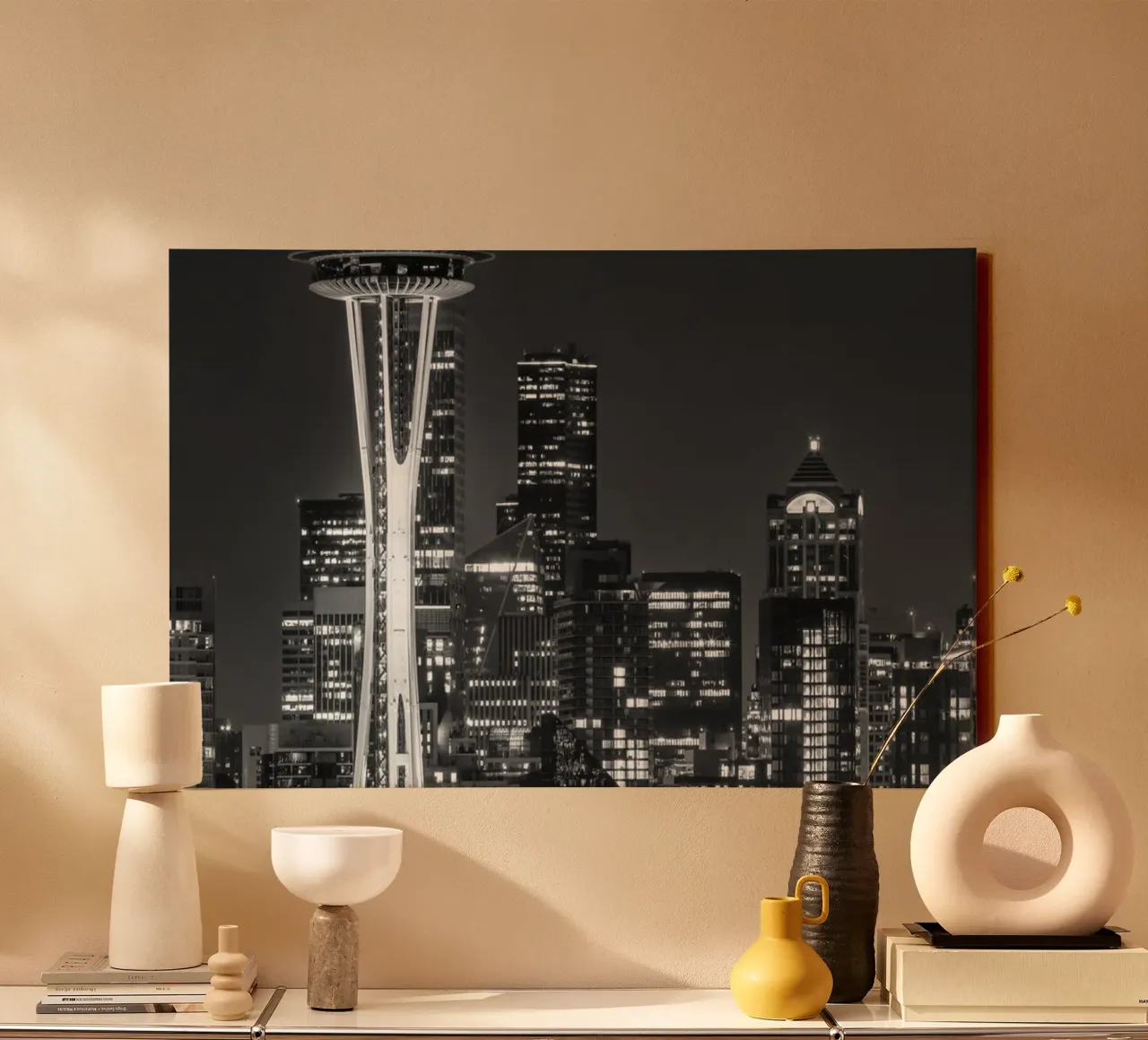 Skyline mozzafiato di Seattle di notte | Monochrom tela da Melanie Viola