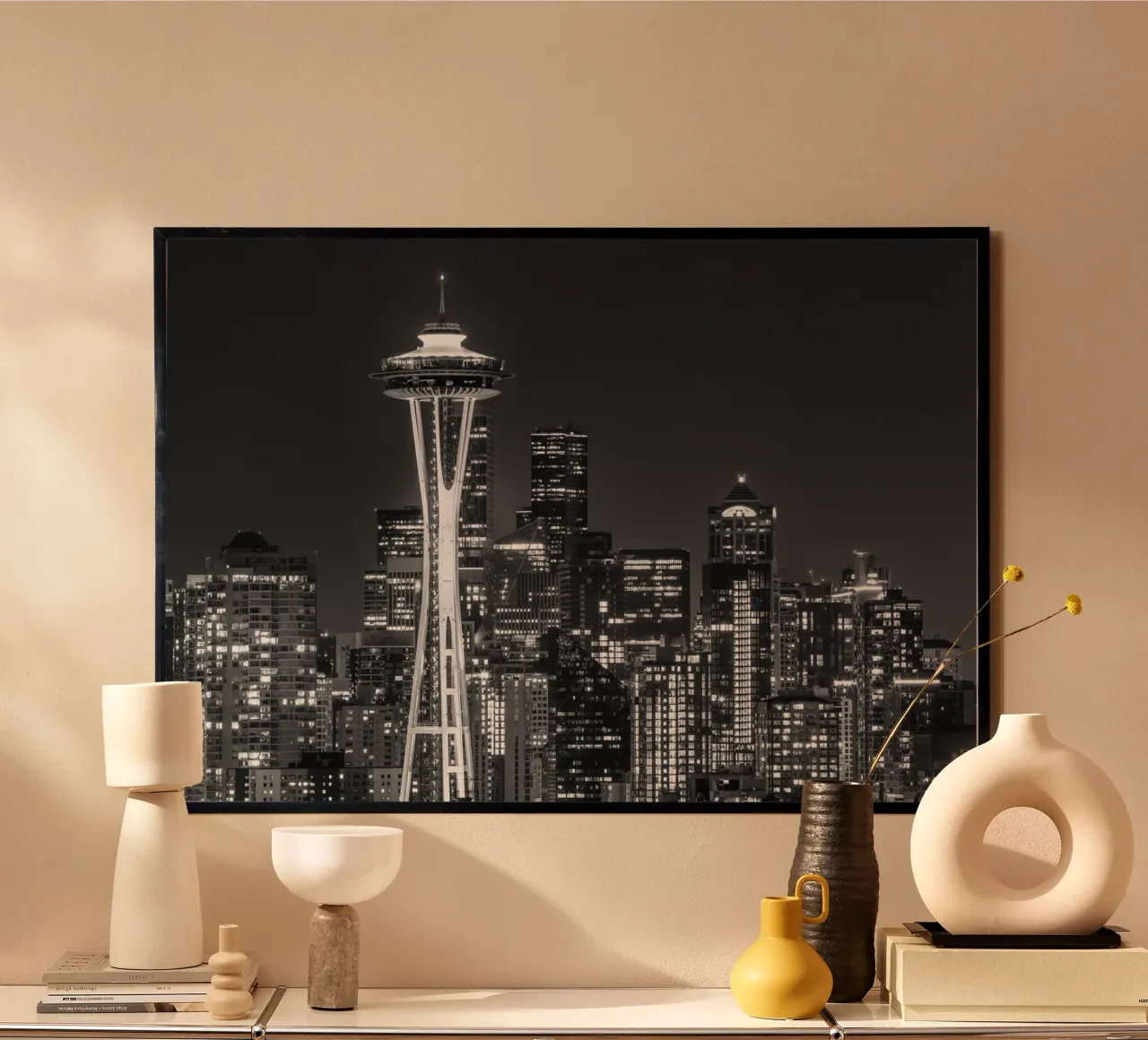 Skyline mozzafiato di Seattle di notte | Monochrom carta hahnemühle da Melanie Viola