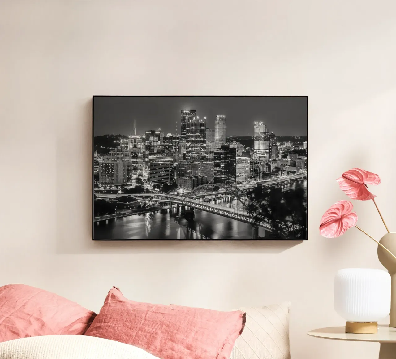 Skyline onirico di Pittsburgh di sera | Monochrom plexiglass da Melanie Viola