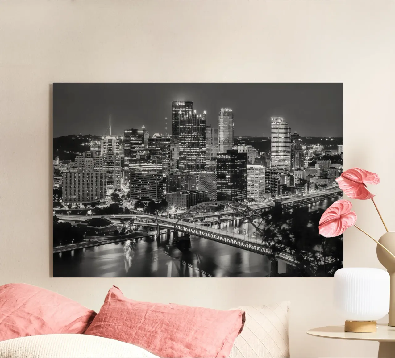 Skyline onirico di Pittsburgh di sera | Monochrom plexiglass da Melanie Viola