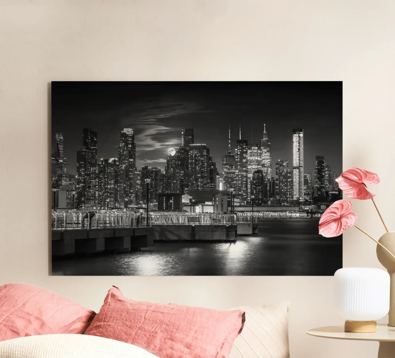 Midtown Manhattan skyline with full moon | Monochrom alu-dibond by Melanie Viola