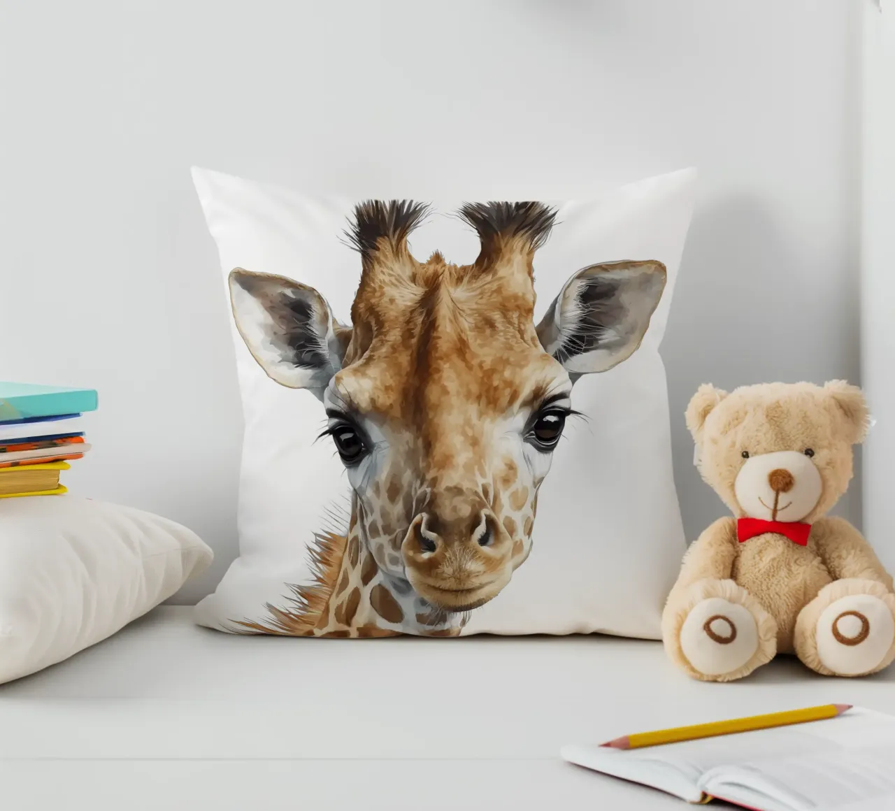 Illustrazione di una graziosa giraffa ad acquerello, decorazione per l'asilo nido cuscino da Little Lila