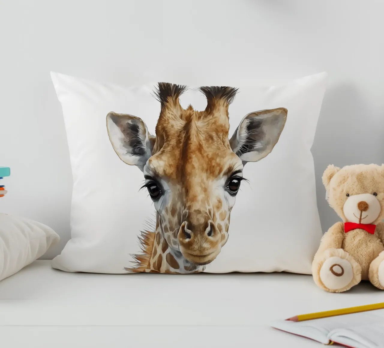 Illustrazione di una graziosa giraffa ad acquerello, decorazione per l'asilo nido cuscino da Little Lila