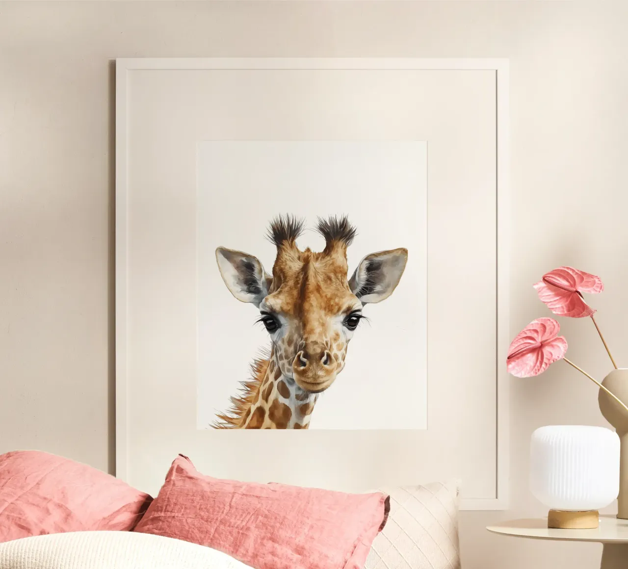 Illustrazione di una graziosa giraffa ad acquerello, decorazione per l'asilo nido carta hahnemühle da Little Lila