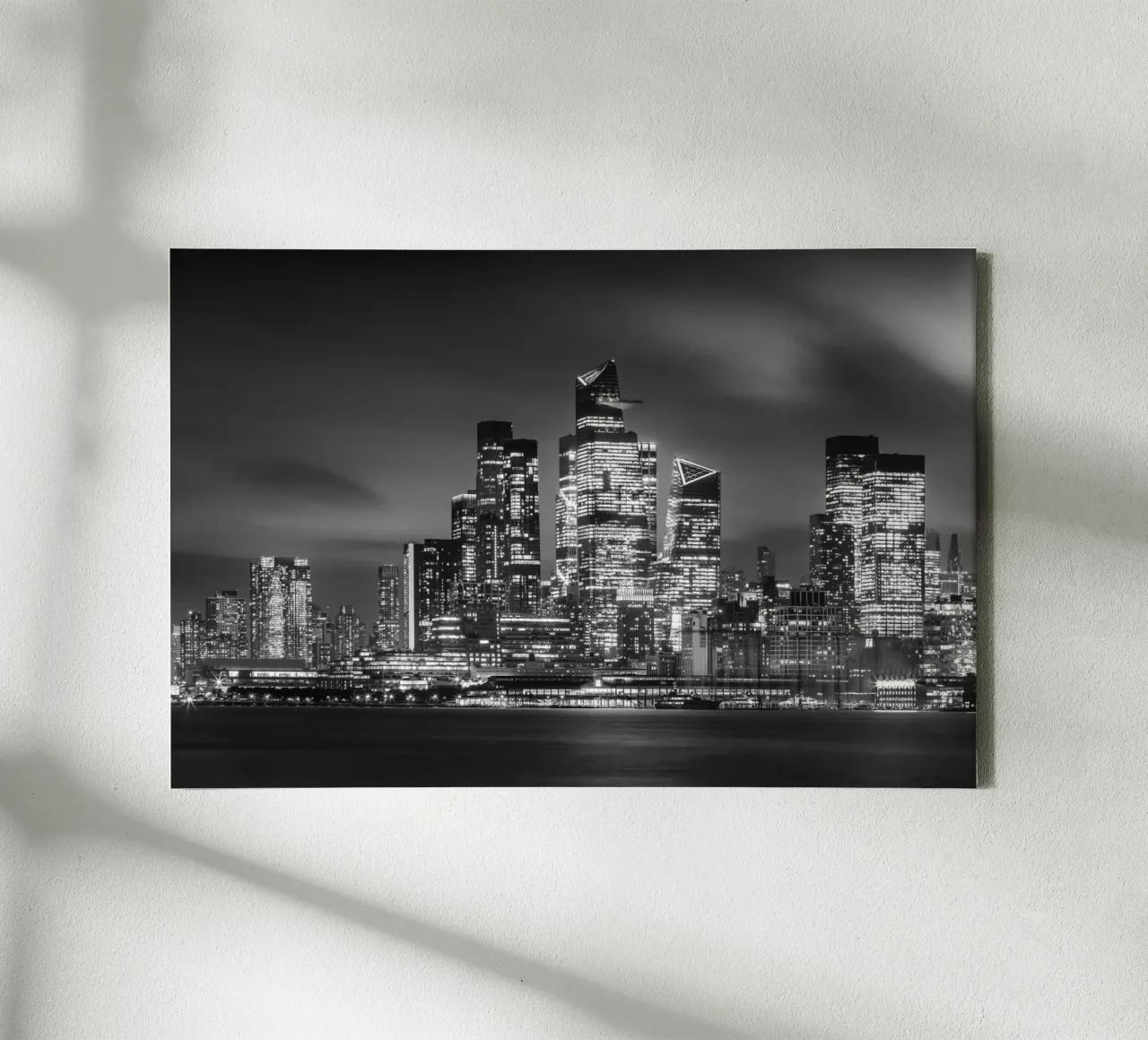 Striking NYC skyline with Hudson Yards in the evening | Monochrom canvas with Floater frame by Melanie Viola