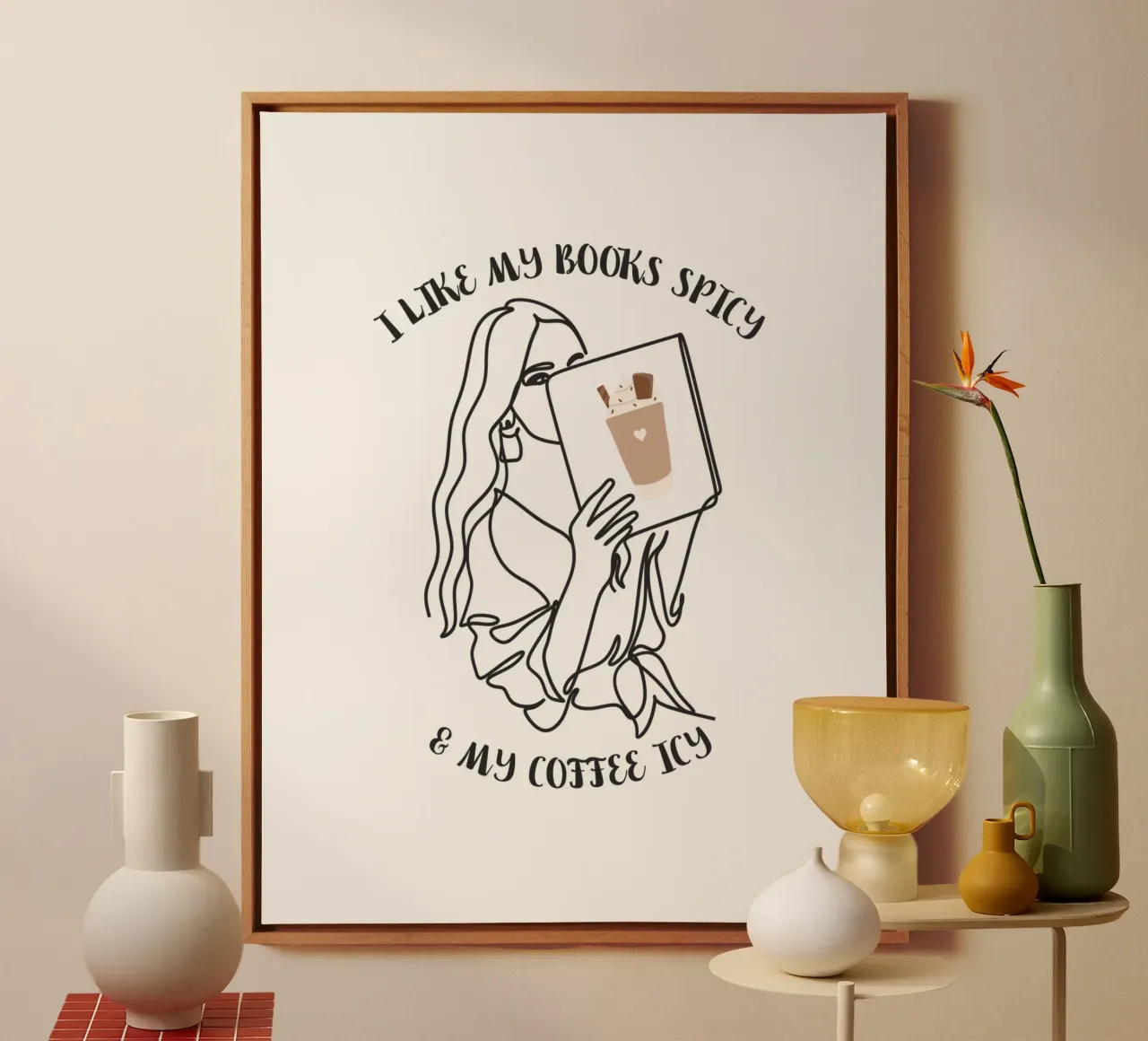Donna con libro che ama leggere e bere caffè tela con Cornice a cassetta da ArtDesign by KBK