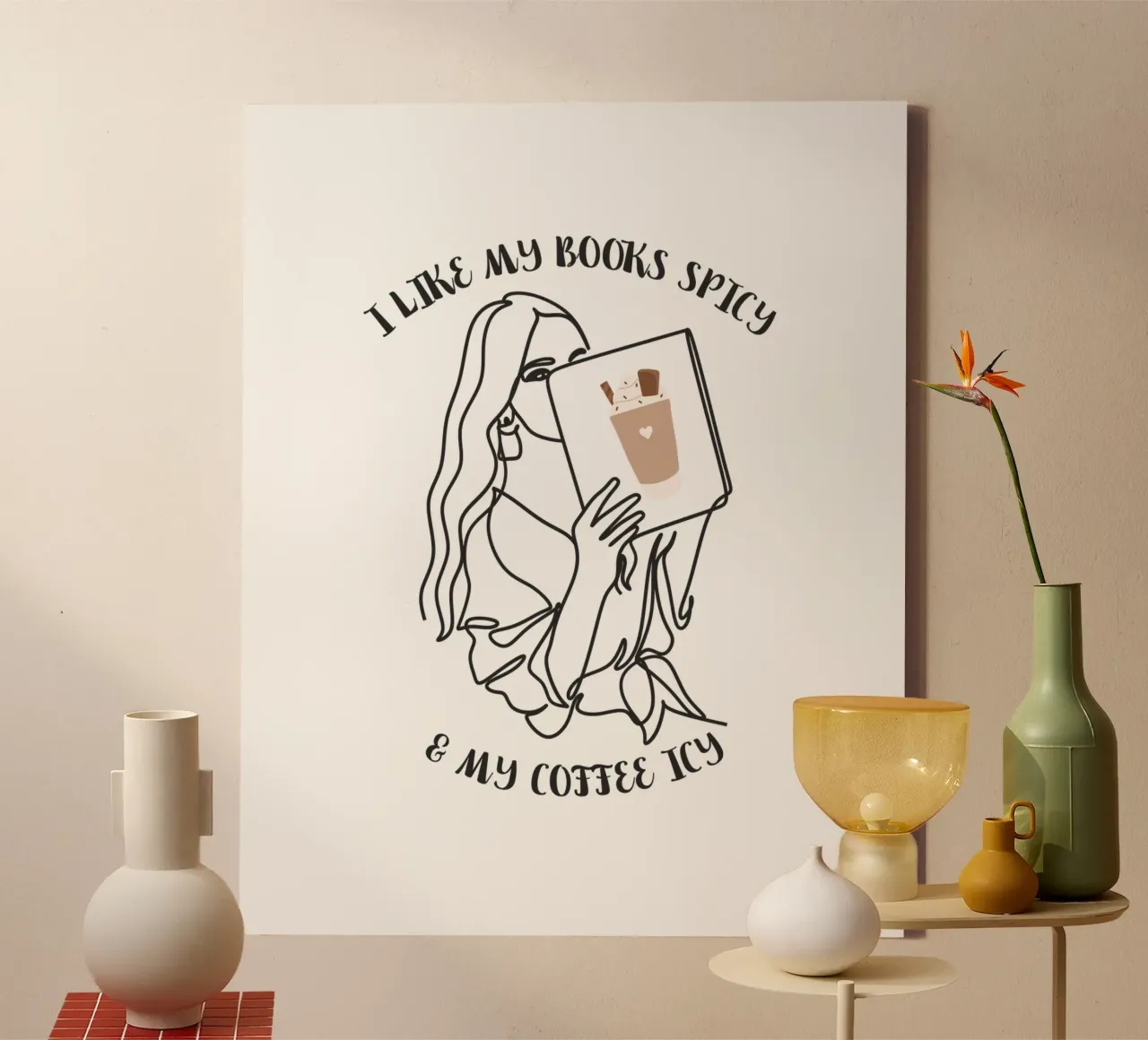 Donna con libro che ama leggere e bere caffè tela con Cornice a cassetta da ArtDesign by KBK