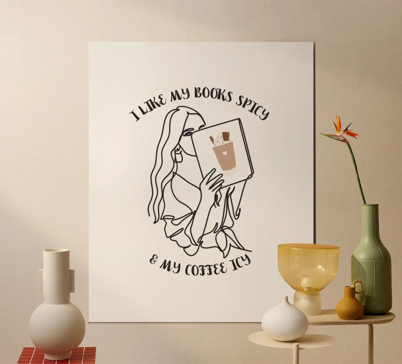Donna con libro che ama leggere e bere caffè poster con telaio in alluminio da ArtDesign by KBK
