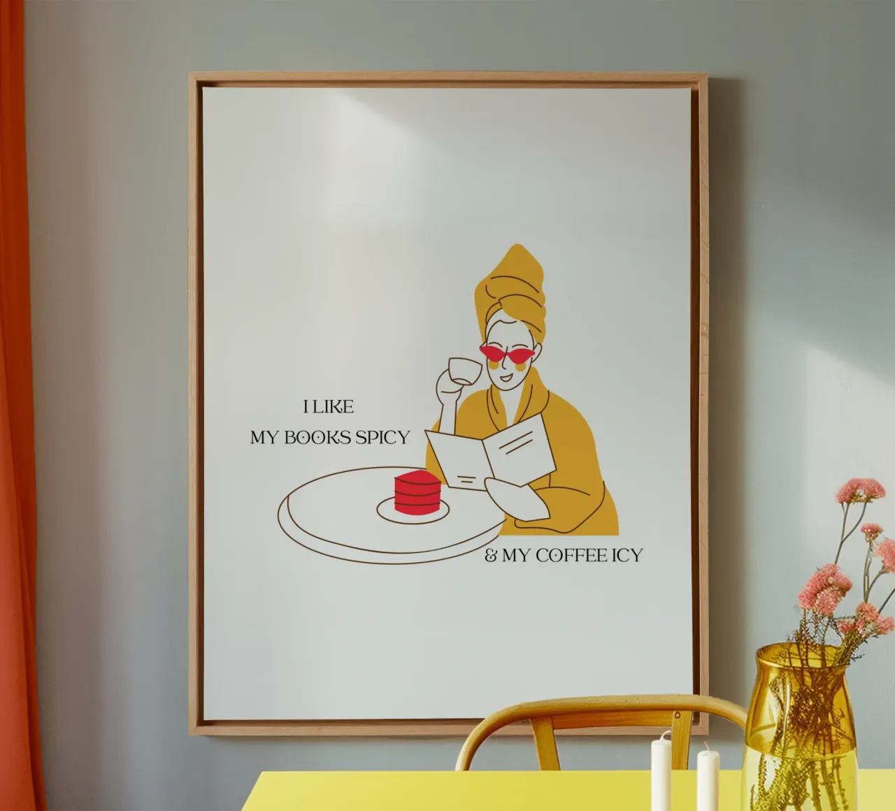 Donna con libro che ama leggere e bere caffè a colori tela con Cornice a cassetta da ArtDesign by KBK