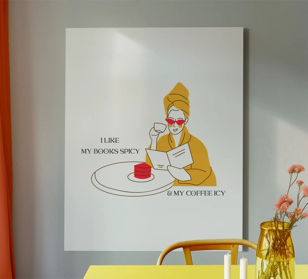 Donna con libro che ama leggere e bere caffè a colori tela con Cornice a cassetta da ArtDesign by KBK
