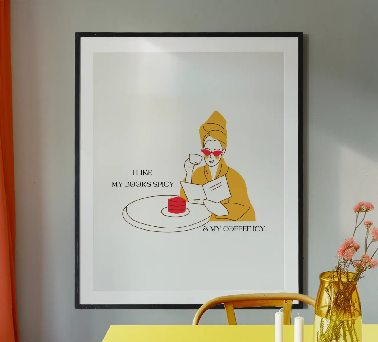 Donna con libro che ama leggere e bere caffè a colori poster con telaio in plastica da ArtDesign by KBK